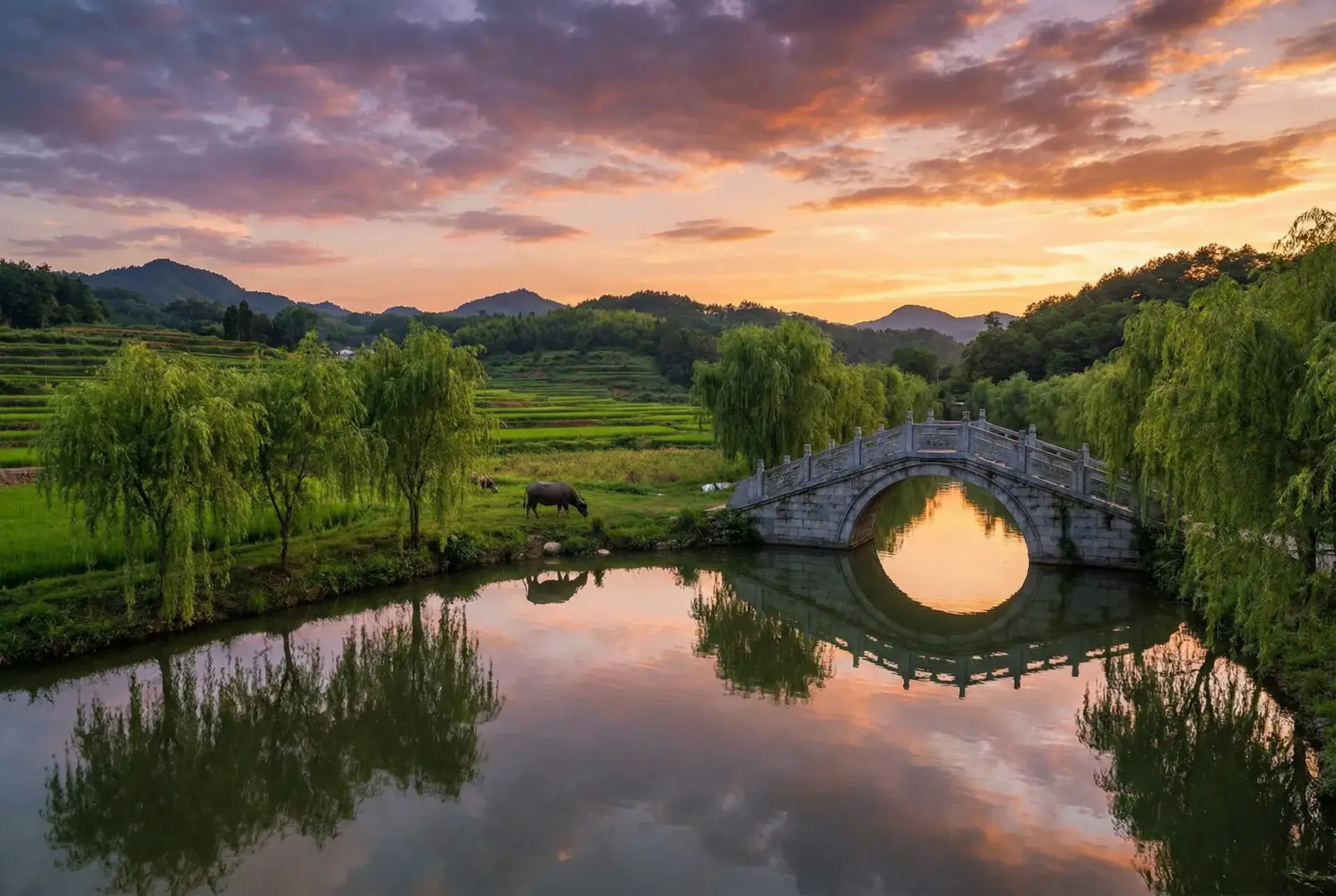 夕阳下的石拱桥与垂柳，水牛在河边吃草 - 风雨丽人 乡村美景
