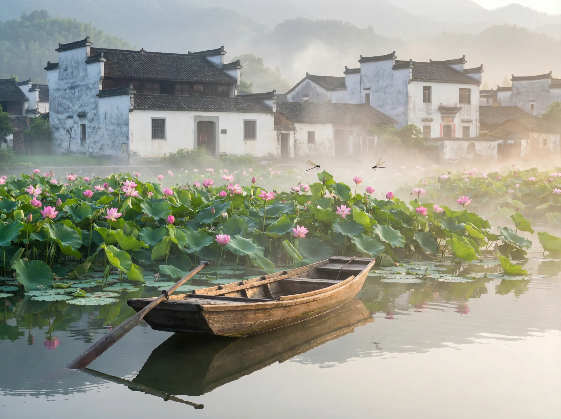 清晨荷塘小舟，粉色荷花盛开，白墙黑瓦的村庄 - 风雨丽人 水乡风情